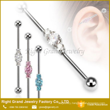 316L Surgical Steel Three Linked CZs Industrial Barbell Earring